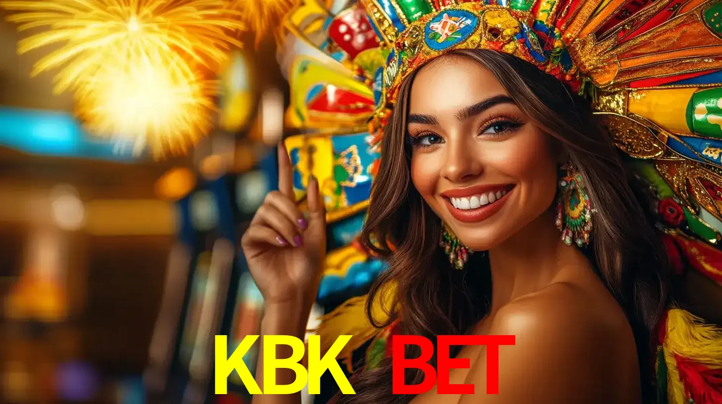 Mulher sorridente com um cocar de carnaval vibrante e colorido, celebrando uma grande vitória nos jogos do cassino KBK BET com fogos de artifício ao fundo.