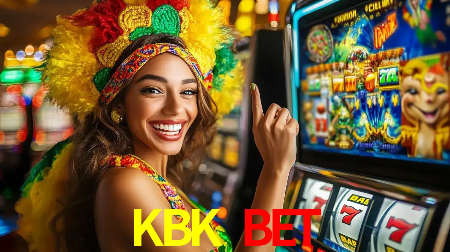 Mulher animada com um cocar de carnaval apontando para uma máquina de caça-níqueis, mostrando a emoção de ganhar um grande prêmio nos jogos do KBK BET.