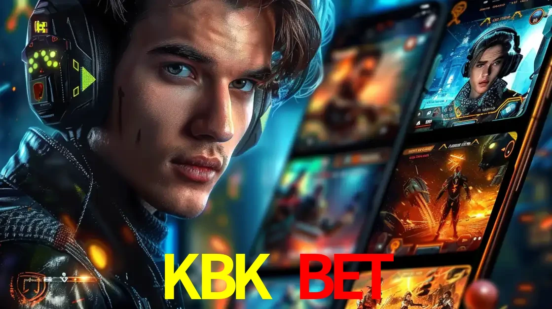 Jovem jogador com fones de ouvido olhando para a câmera, com um aplicativo de jogos e e-sports para celular ao fundo, pronto para a competição e apostas no KBK BET.