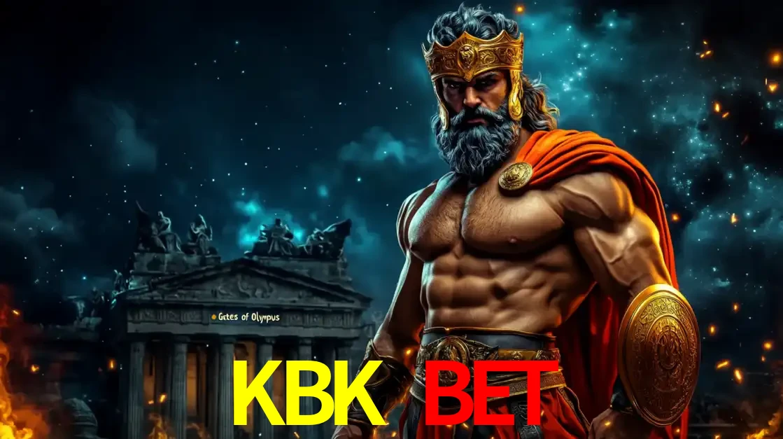 O poderoso Zeus do jogo de slot Gates of Olympus em frente ao seu templo, pronto para lançar multiplicadores divinos e prêmios épicos no cassino online KBK BET.