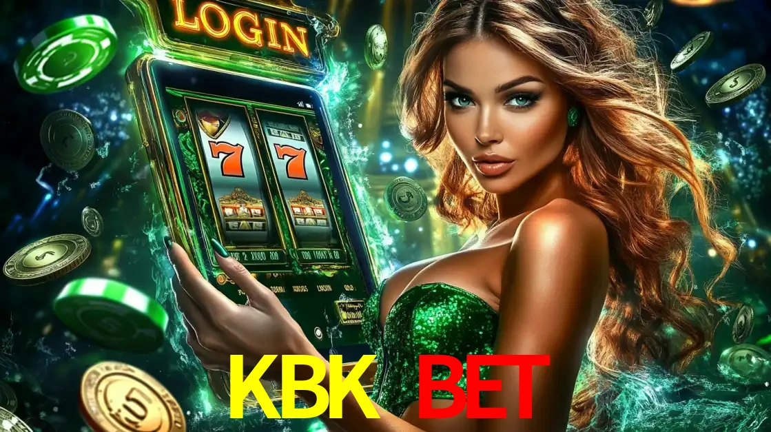 Mulher com tema verde apresentando o aplicativo do cassino KBK BET com um jogo de slot de 777, cercada por fichas de cassino e uma aura de sorte.