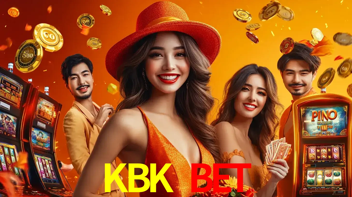 Grupo de amigos asiáticos sorrindo e se divertindo com máquinas de caça-níqueis em um ambiente festivo, celebrando suas vitórias nos jogos de cassino do KBK BET.