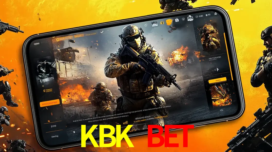 Um smartphone exibindo a interface de um jogo de tiro em primeira pessoa, com um soldado em um cenário de batalha, representando a ação dos e-sports para apostar no KBK BET.