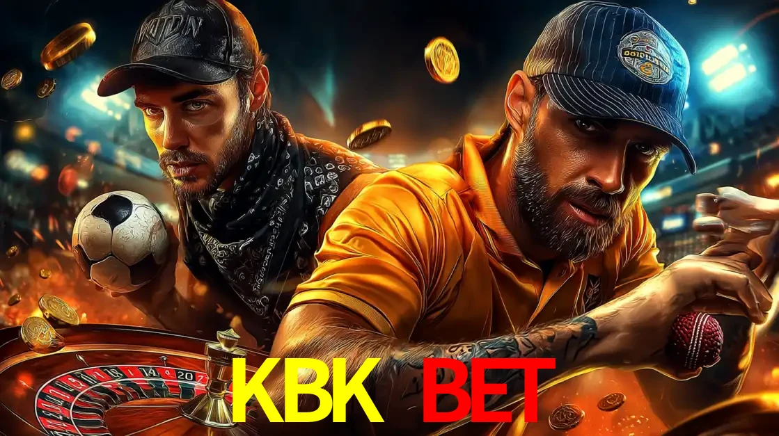 Montagem de apostas esportivas e cassino no KBK BET, com um homem segurando uma bola de futebol e outro uma de beisebol sobre uma roleta e moedas voadoras.