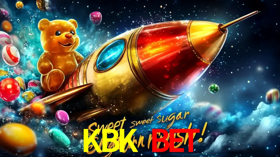 Arte promocional do jogo de slot Sugar Rush, com um urso de pelúcia em um foguete viajando pelo espaço de doces, um dos jogos divertidos disponíveis no cassino KBK BET.