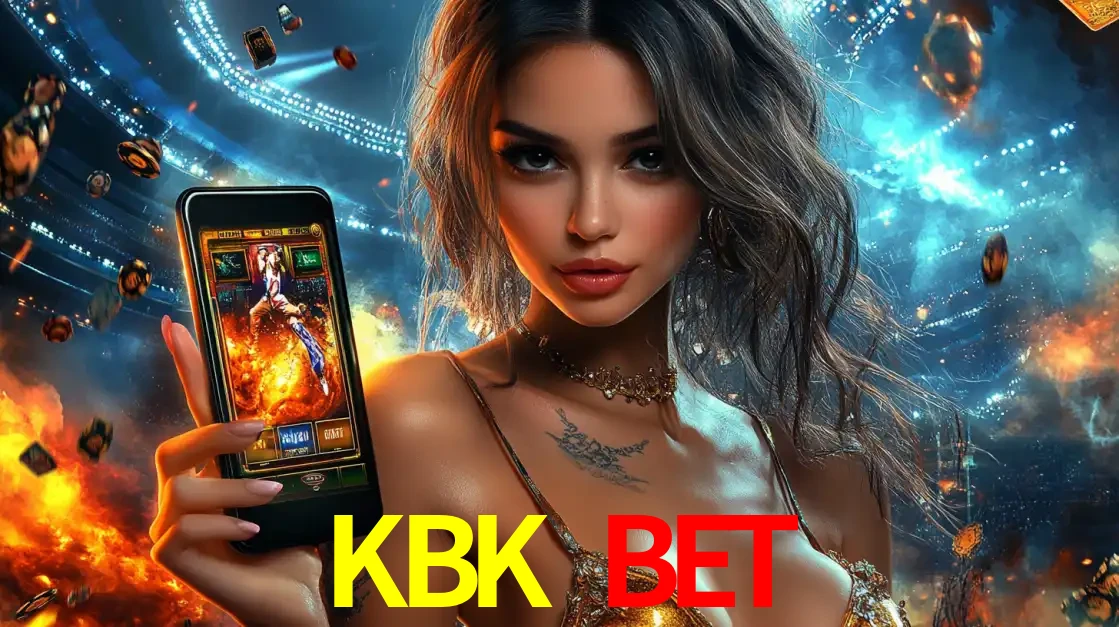 Mulher segurando um celular com um jogo de slot em destaque, tendo como fundo um estádio vibrante, simbolizando a emoção de jogar no cassino móvel KBK BET.